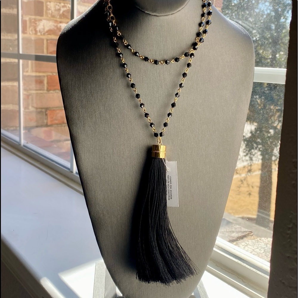 NWT BaubleBar Tassel Necklace W/ Beaded Chain, Appears Black & Gold.